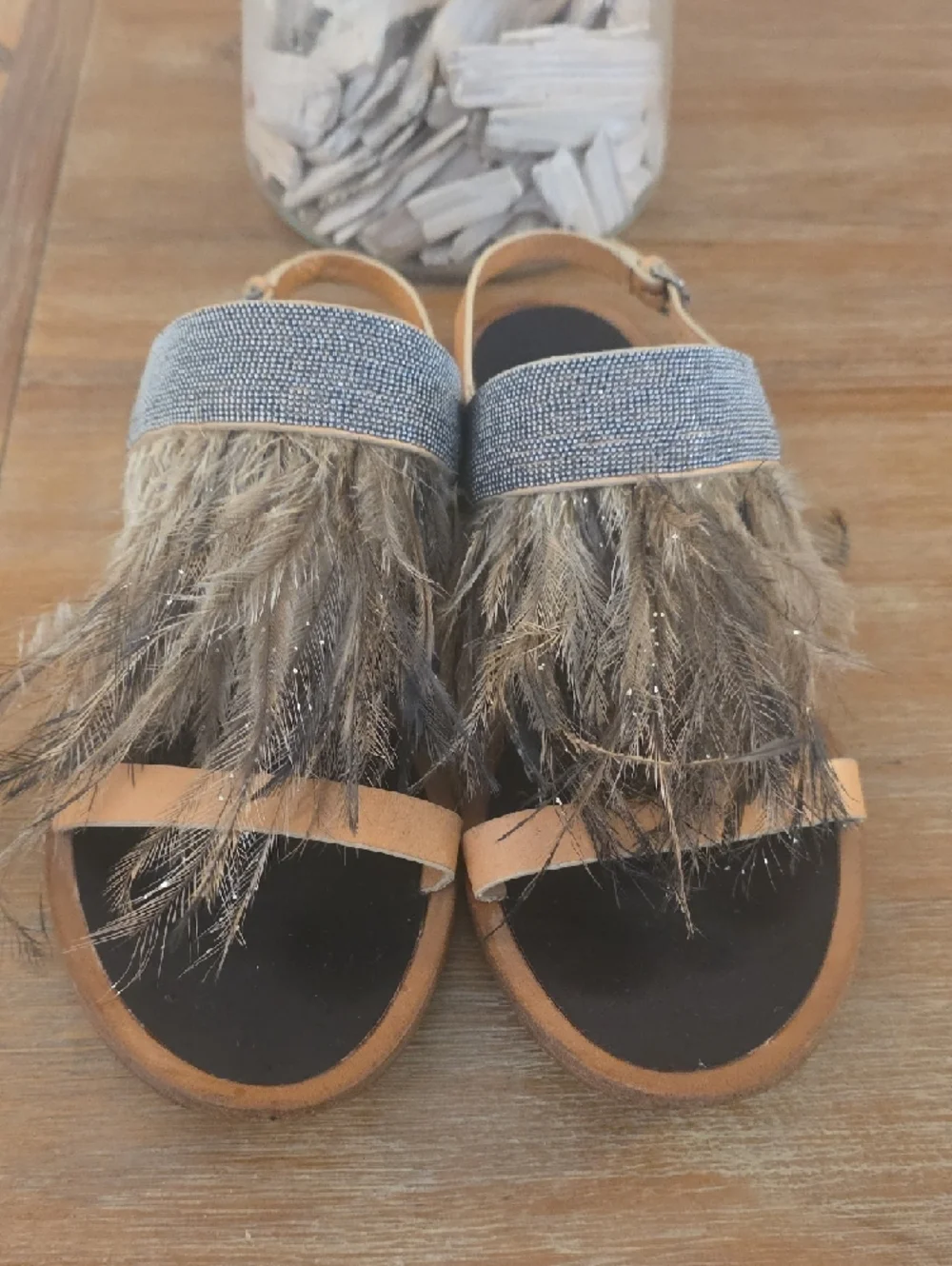 Brunello Cucinelli Ostrich Feather-Trim Slide Sandals in Brown and Black - Picture 2 of 8